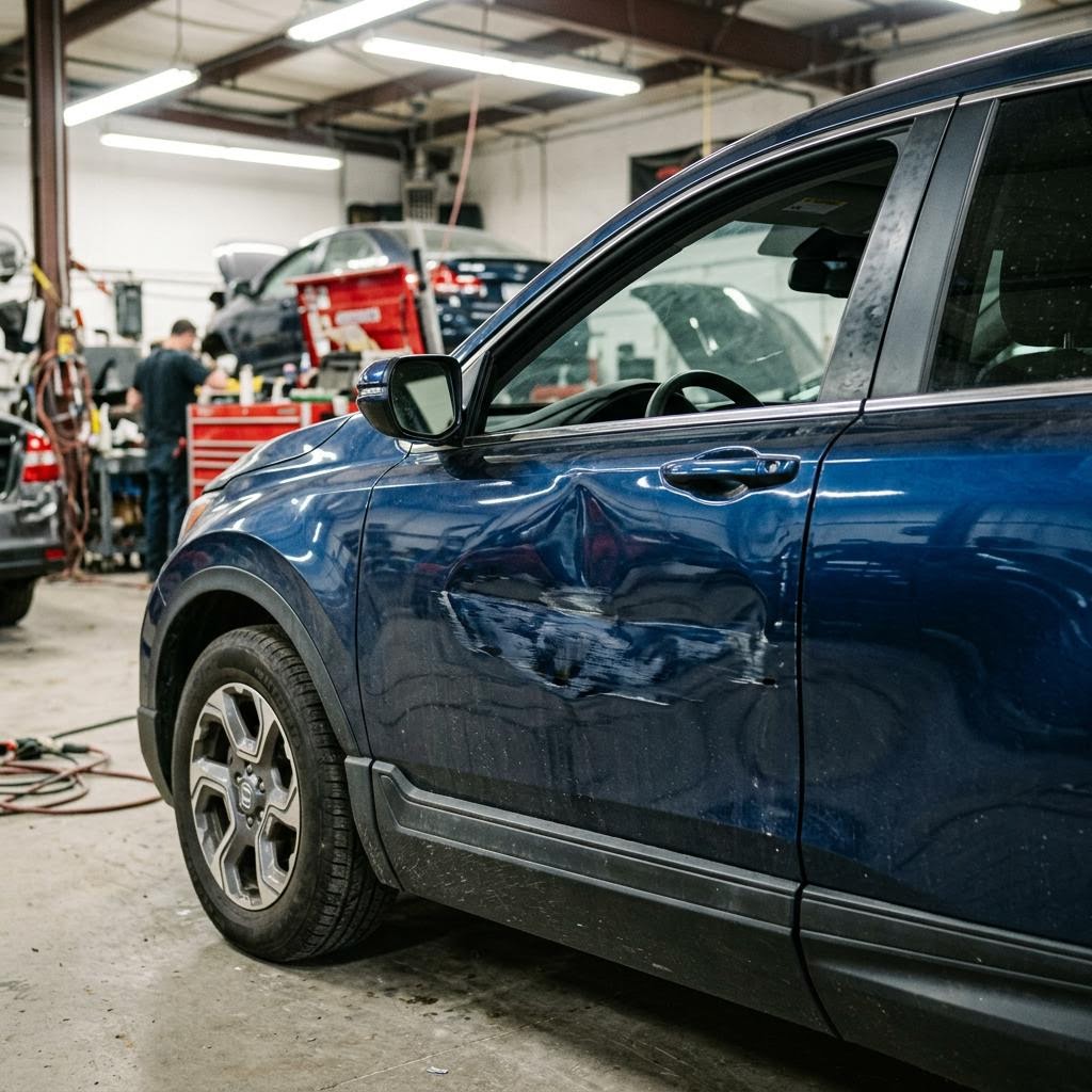 Illustrative AI-generated photo: blue 2020 Honda CR-V with a shallow dent and scratch on the driver front door