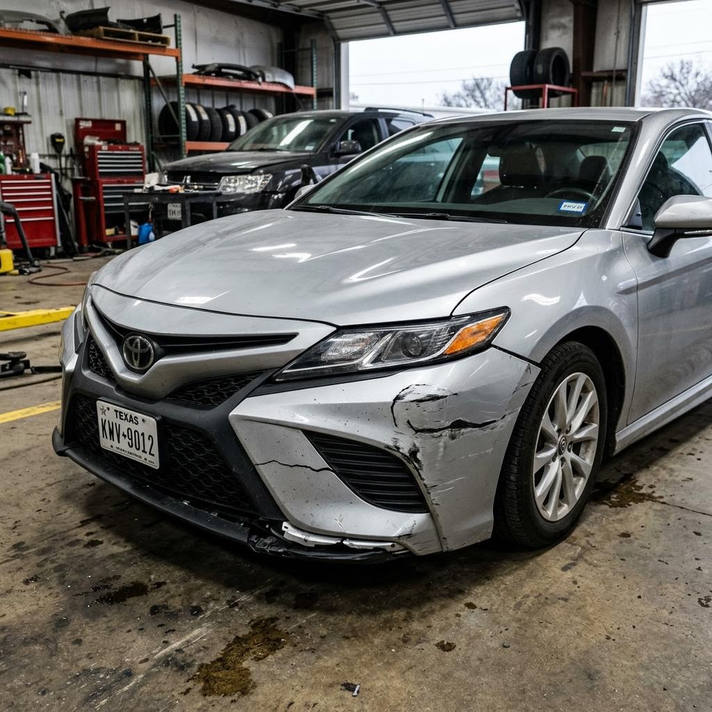 Illustrative AI-generated photo: silver 2019 Toyota Camry with a cracked, partially detached front bumper cover