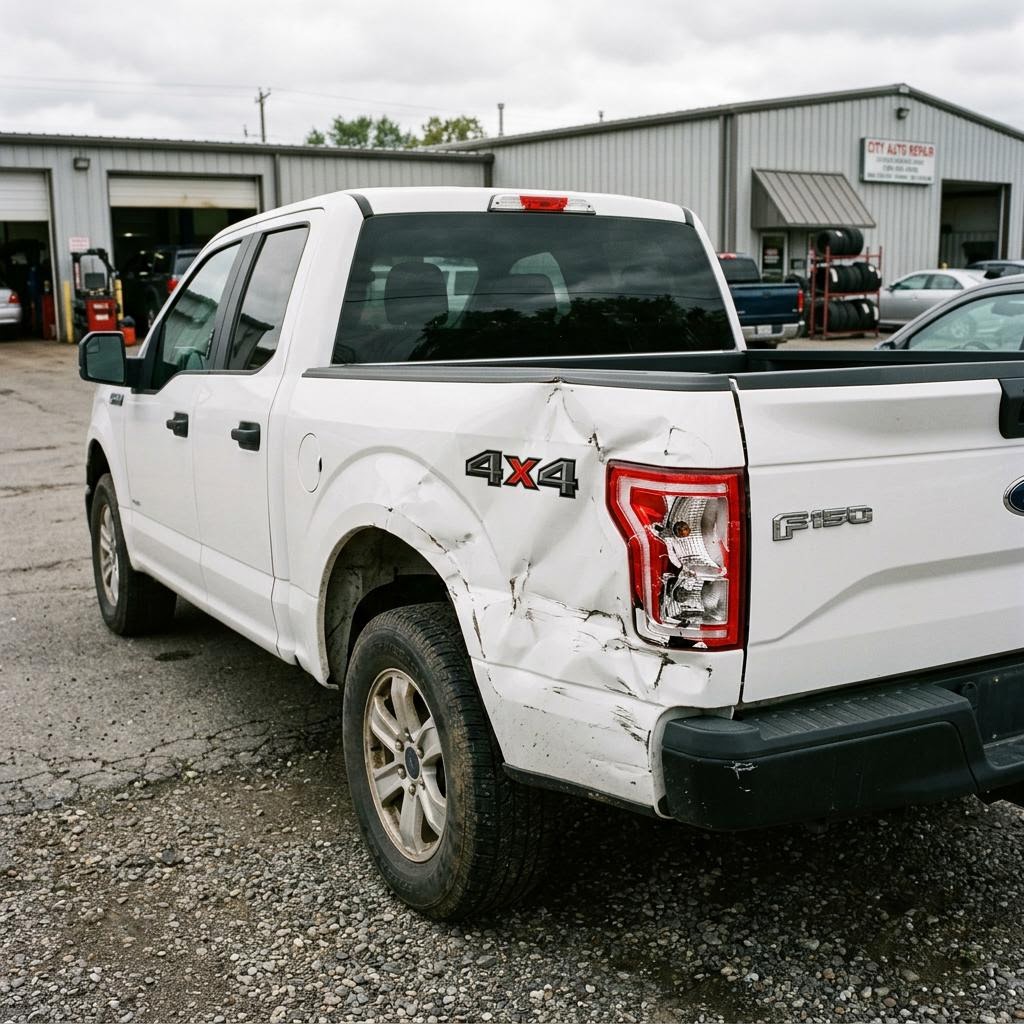 Illustrative AI-generated photo: white 2017 Ford F-150 with a crushed right rear bed side panel and cracked taillight